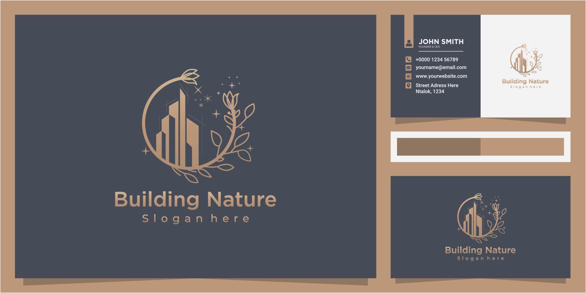 Elegant line art building leaf flower logo design concept with business card vector