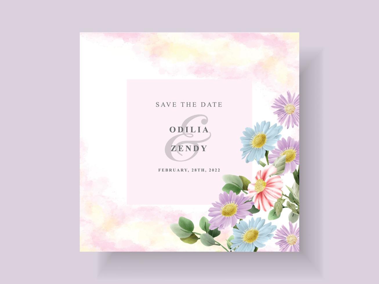 Wedding invitation card with beautiful flower and leaves watercolor vector