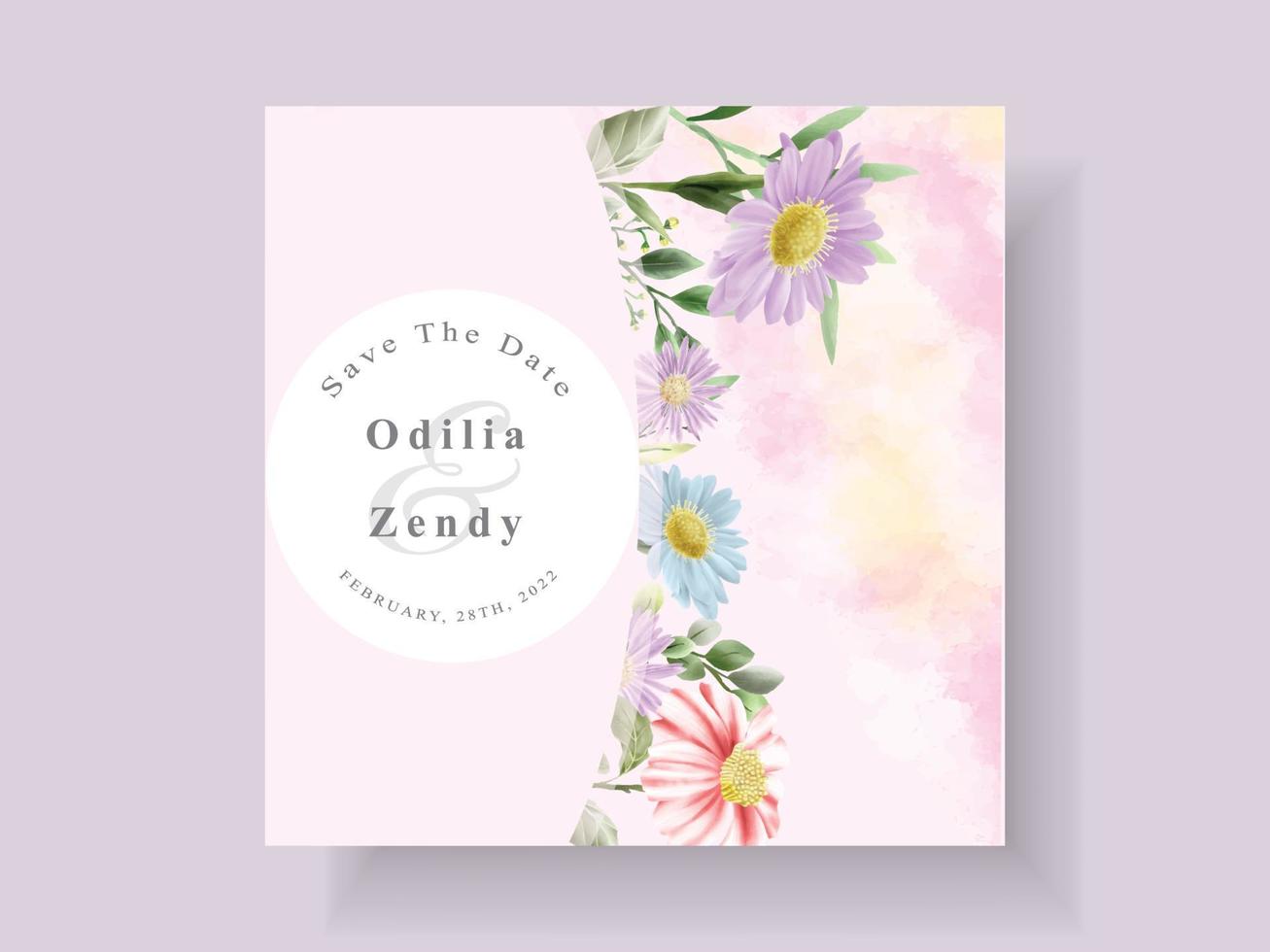 Wedding invitation card with beautiful flower and leaves watercolor vector