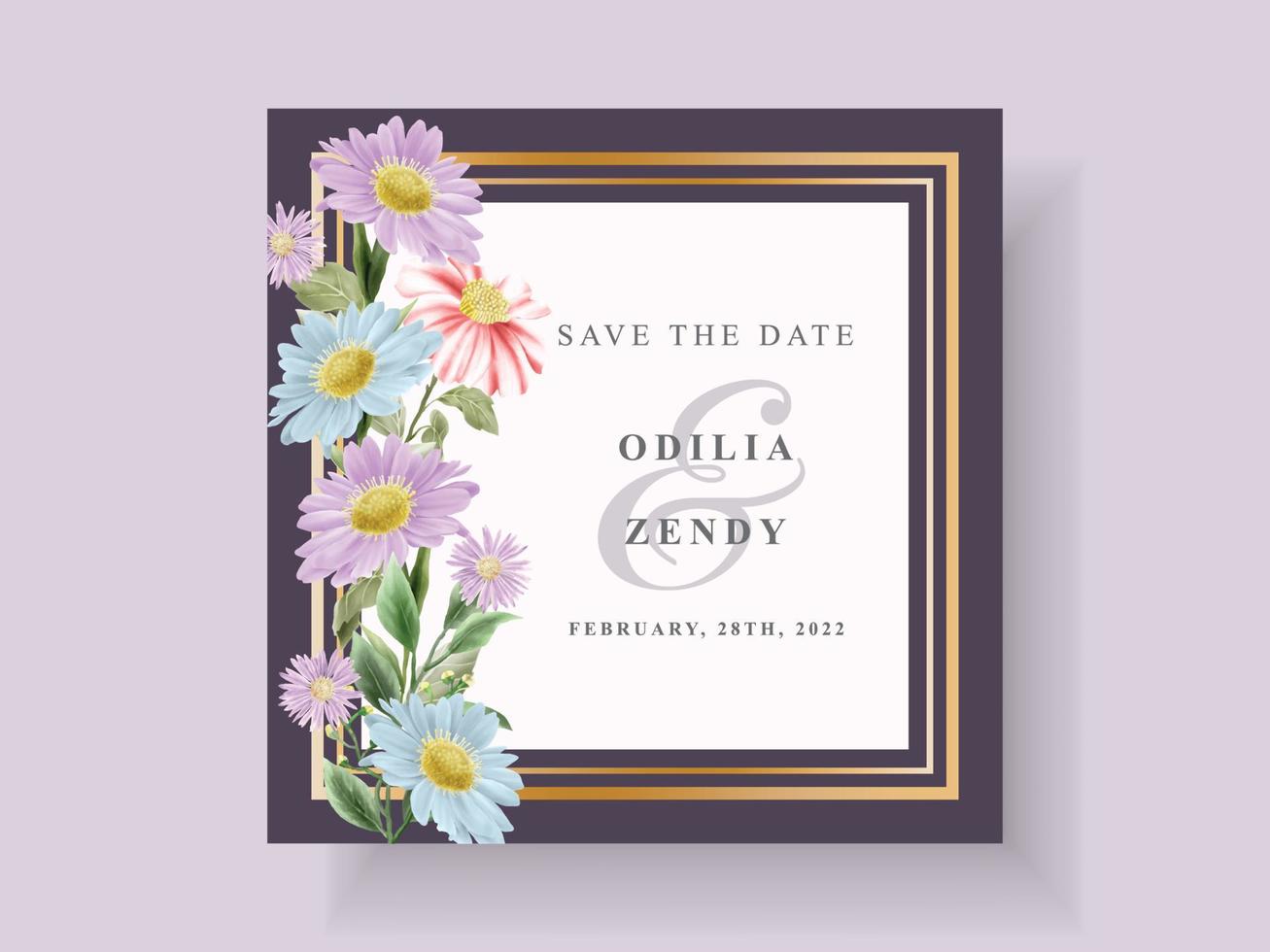 Wedding invitation card with beautiful flower and leaves watercolor vector