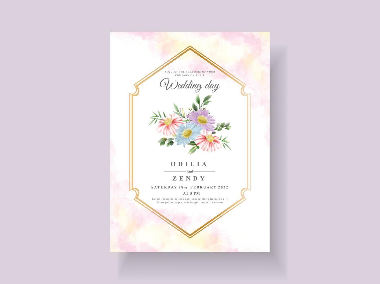 tarjeta de invitación de boda con hermosa flor y hojas de acuarela vector