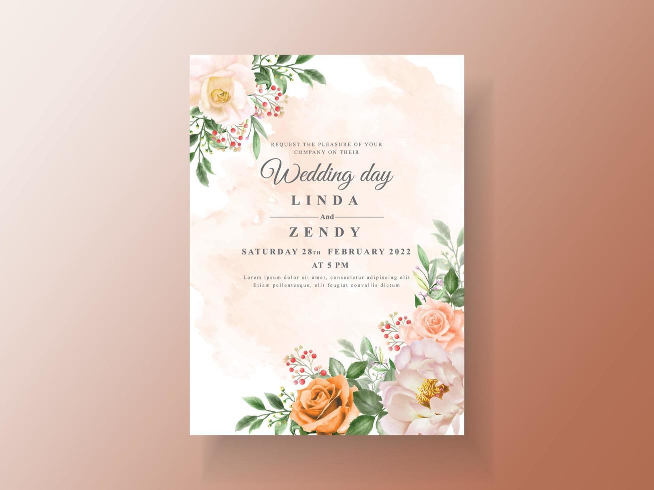 Beautiful wedding invitation card with elegant flower and leaves watercolor vector