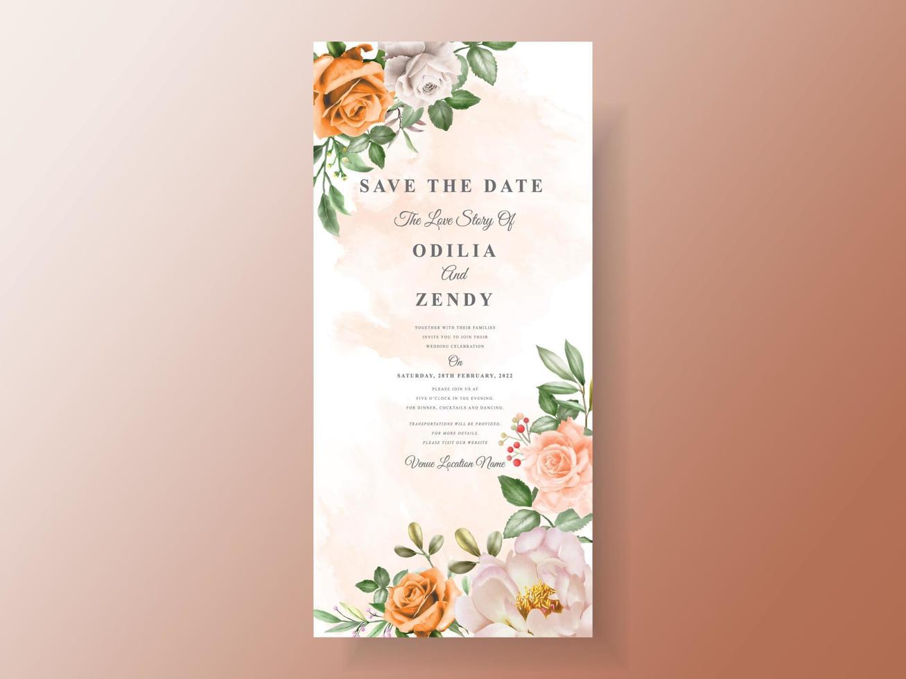 hermosa tarjeta de invitación de boda con elegante flor y hojas de acuarela vector