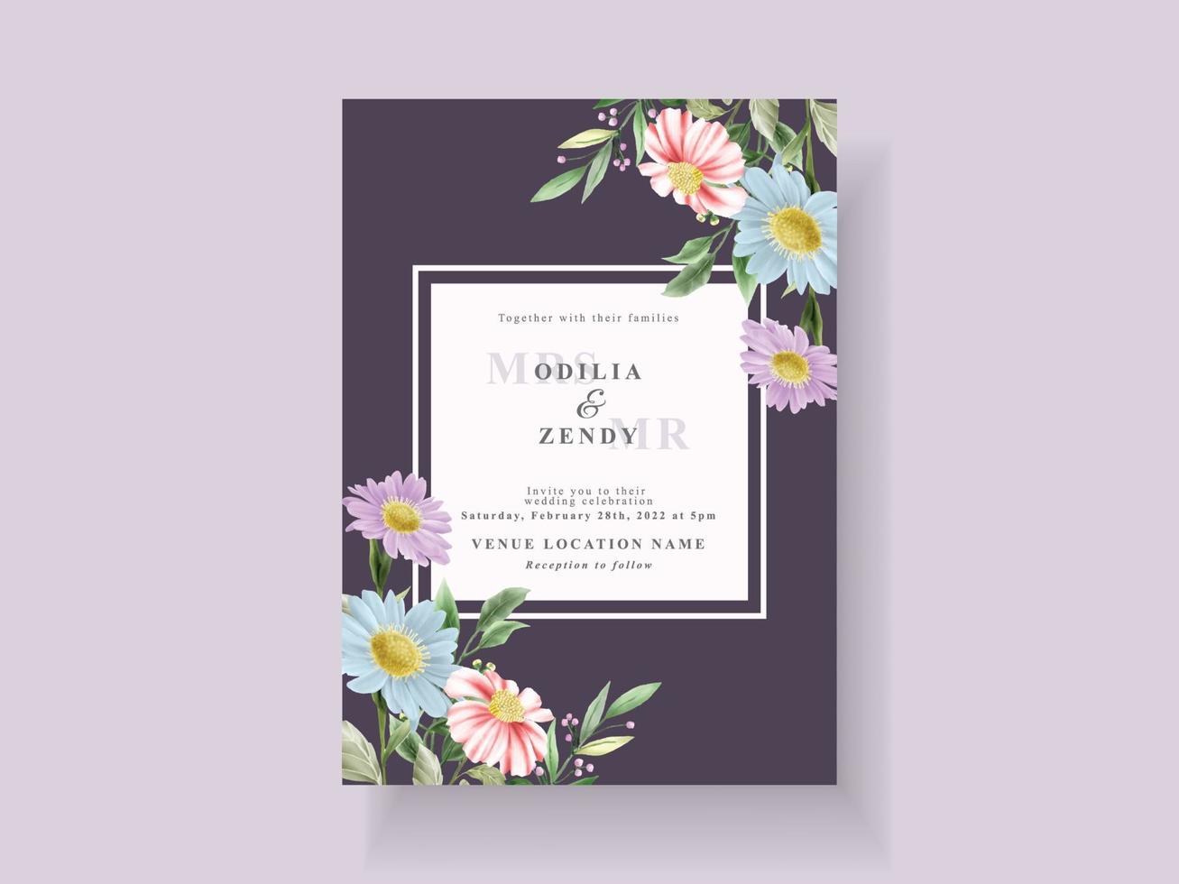 Wedding invitation card with beautiful flower and leaves watercolor vector