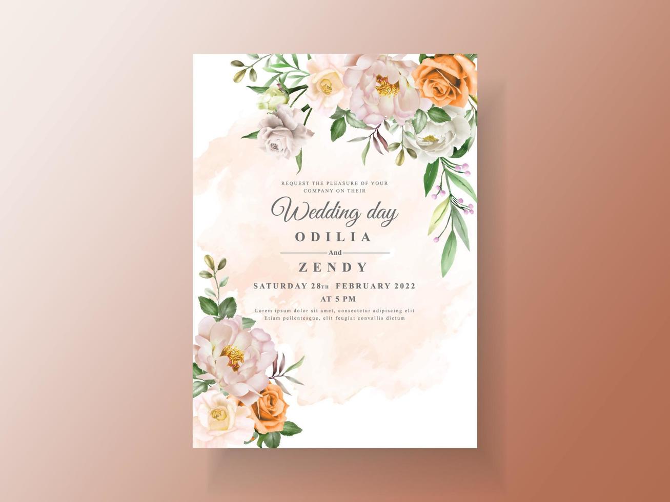 Beautiful wedding invitation card with elegant flower and leaves watercolor vector