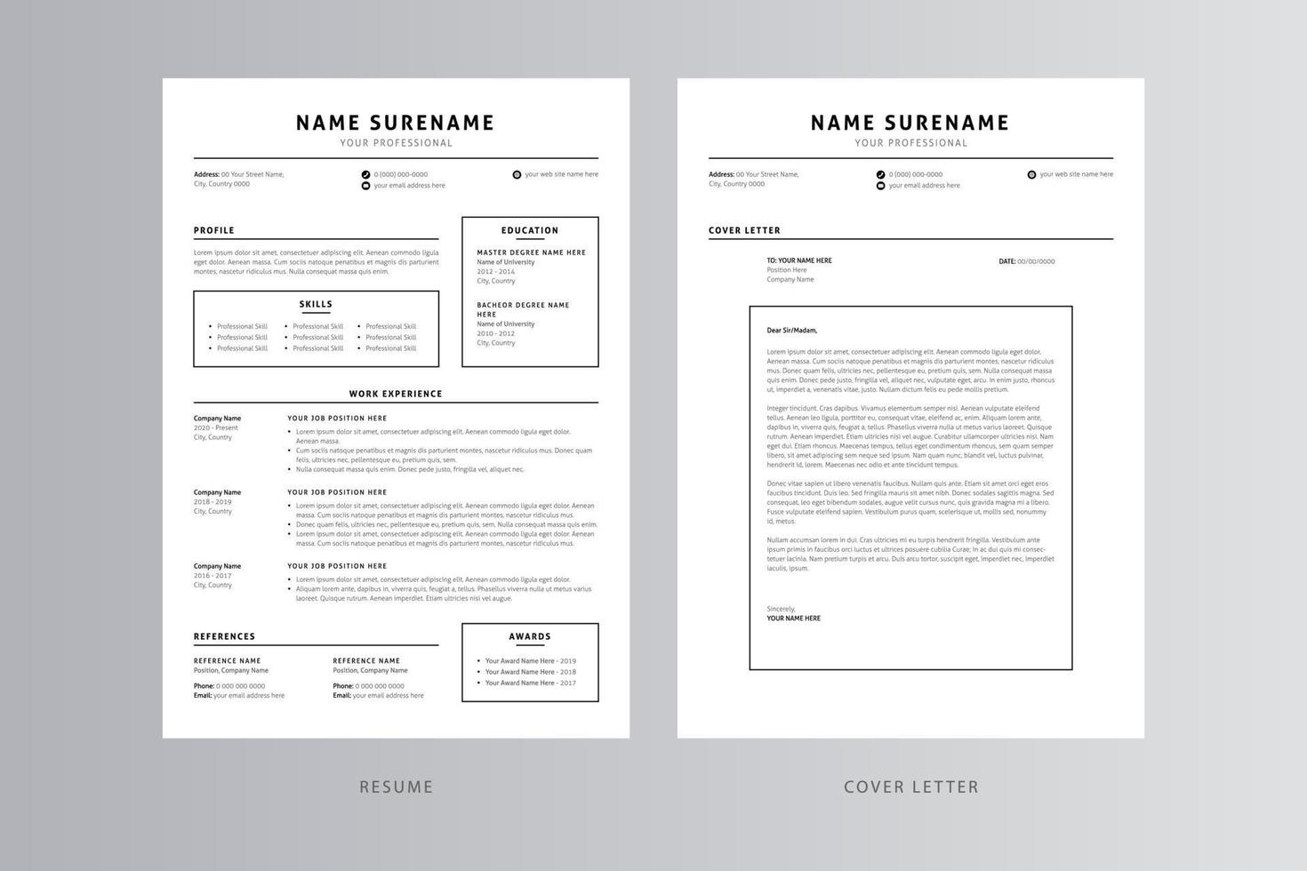 currículum profesional y plantilla de carta de presentación. vector profesional