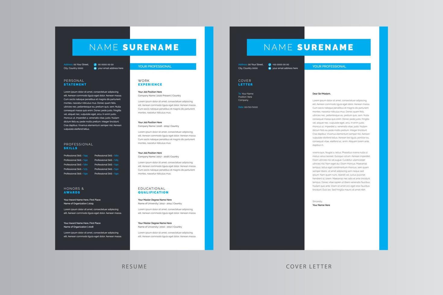 currículum profesional y plantilla de carta de presentación. vector profesional