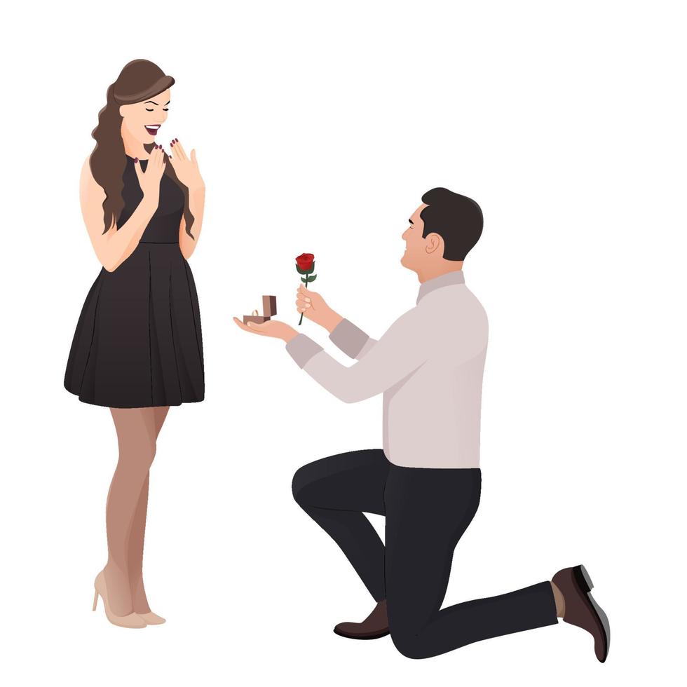 Happy Valentines Day, Young man proposing women with rose and ring character illustration on white background, Character illustration for young couple theme projects like wedding and valentines day. vector