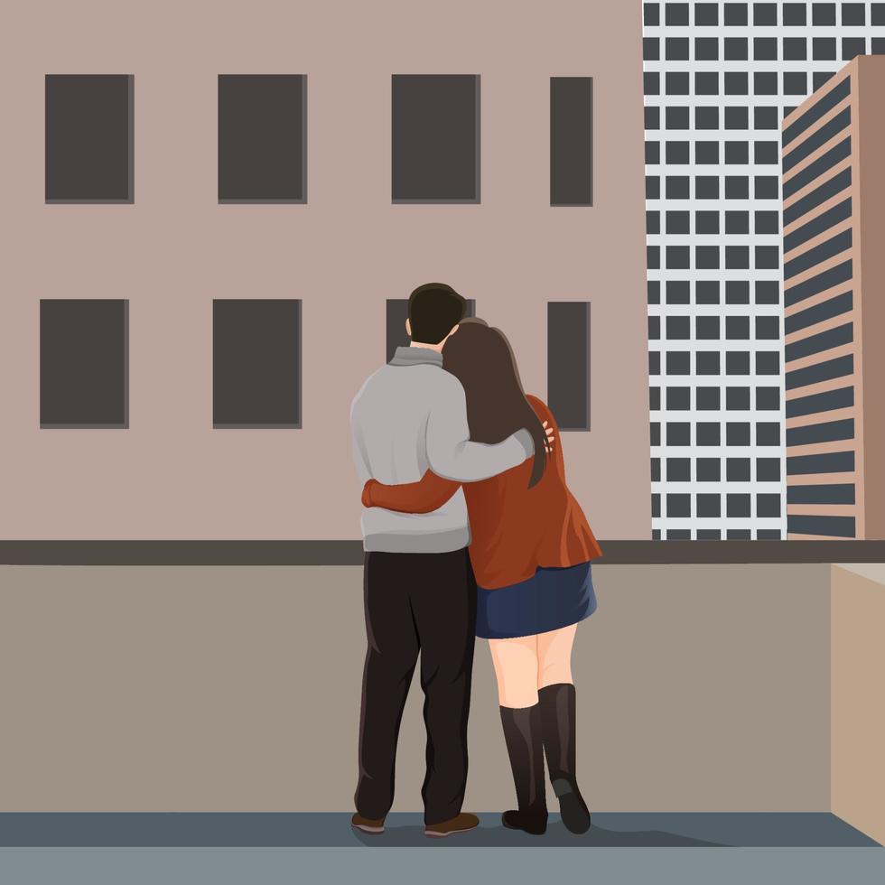 feliz día de san valentín, pareja joven en la terraza con un simple fondo de construcción feliz día de san valentín, pareja joven en la terraza con un simple fondo de construcción