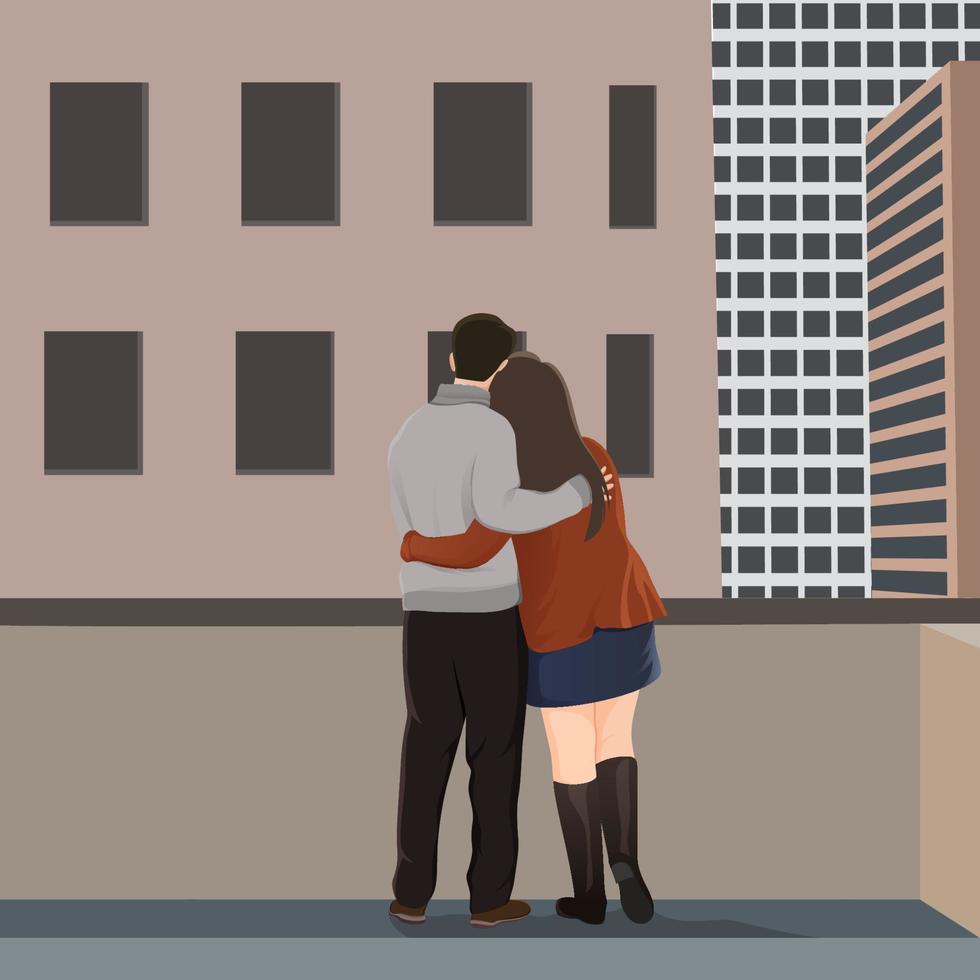 feliz día de san valentín, pareja joven en la terraza con un simple fondo de construcción plana, ilustración de personajes para proyectos temáticos de parejas jóvenes como boda y día de san valentín. vector