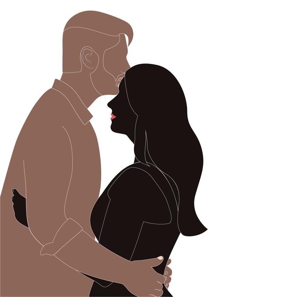 feliz día de san valentín, silueta de vector de personaje de beso de frente de pareja linda sobre fondo blanco, ilustración de personaje para proyectos temáticos de pareja joven como boda y día de san valentín.