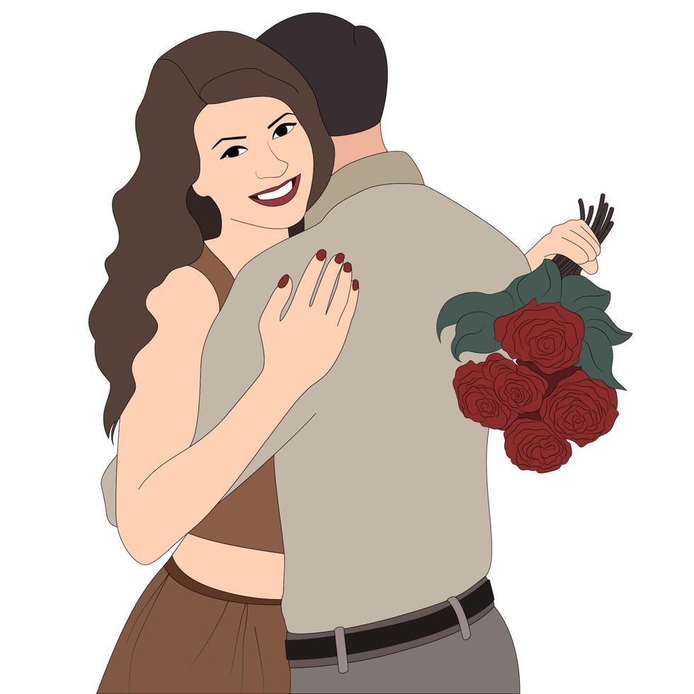 feliz día de san valentín, pareja feliz abrazo con ilustración de personaje de flores de rosa sobre fondo blanco, ilustración de personaje para proyectos temáticos de pareja joven como boda y día de san valentín. vector