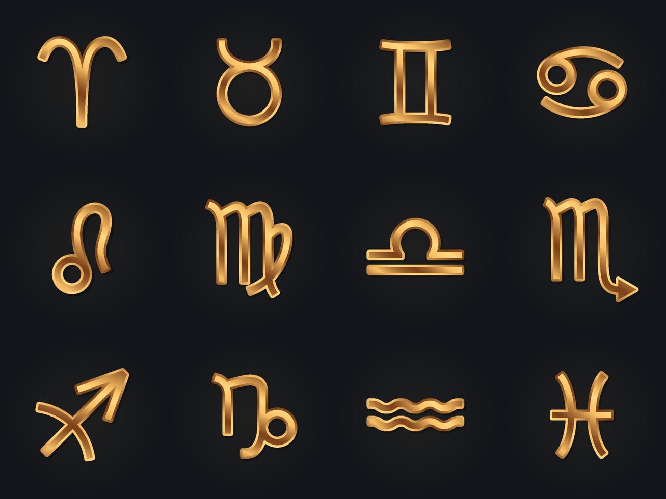 Set of gold zodiac signs icons. Horoscope elements. Astrologycal symbols. vector