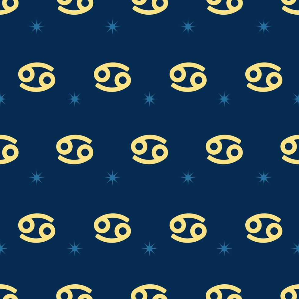 patrón de oro sin fisuras del zodiaco. repitiendo el signo del cáncer con estrellas en el fondo azul. símbolo del horóscopo vectorial vector