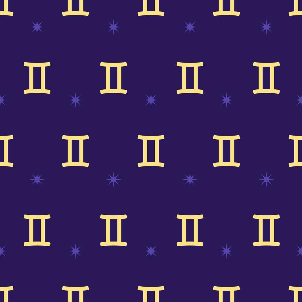 Zodiac seamless gold pattern. Repeating gemini sign with stars on the purple background. Vector horoscope symbol