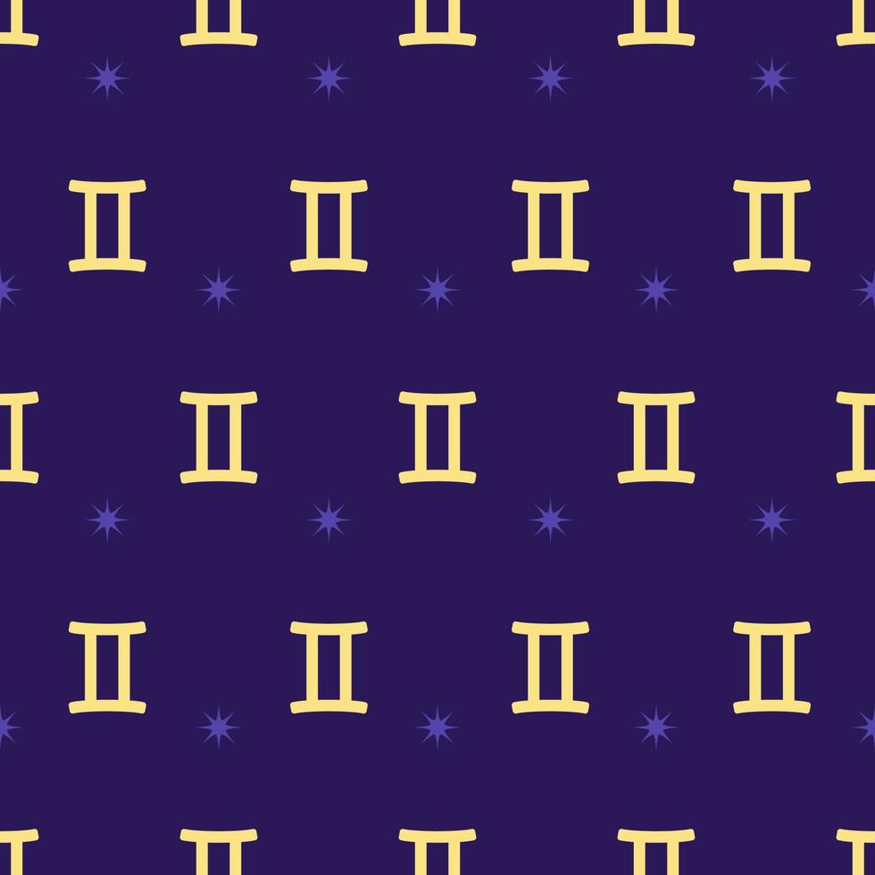 patrón de oro sin fisuras del zodiaco. repitiendo el signo de géminis con estrellas en el fondo morado. símbolo del horóscopo vectorial vector