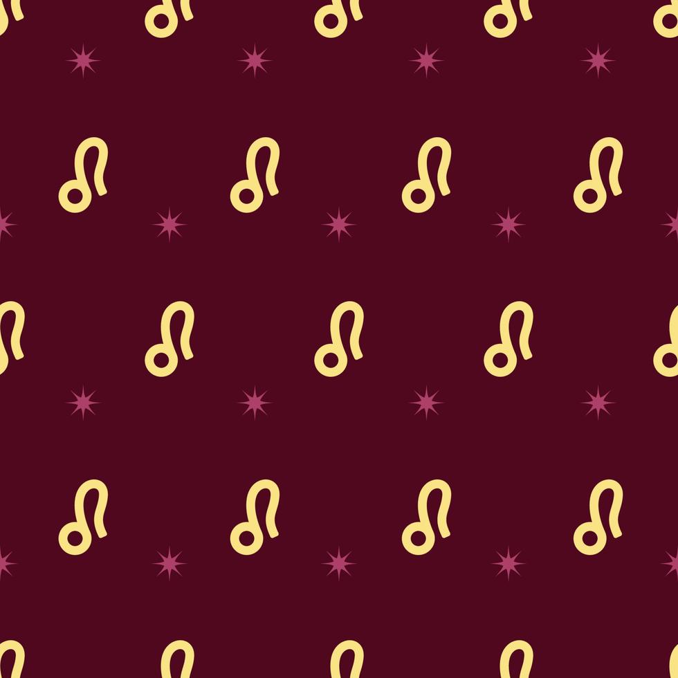 Zodiac seamless gold pattern. Repeating leo sign with stars on the dark red background. Vector horoscope symbol lion
