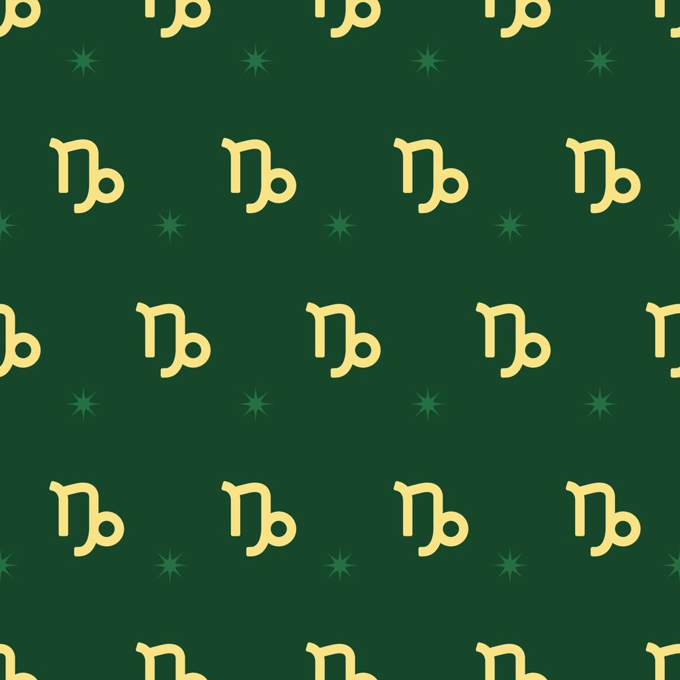 Zodiac seamless gold pattern. Repeating capricornus sign with stars on the green background. Vector horoscope symbol