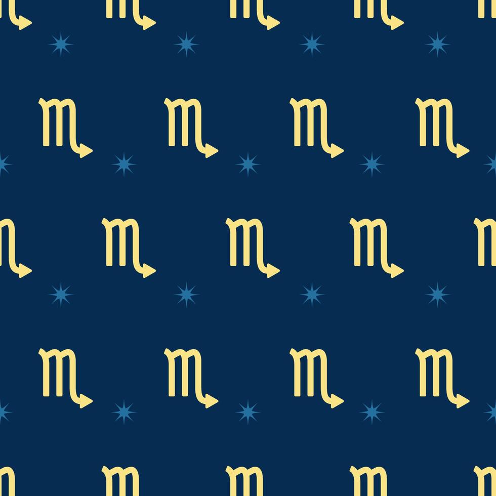 Zodiac seamless gold pattern. Repeating scorpio sign with stars on the blue background. Vector horoscope symbol