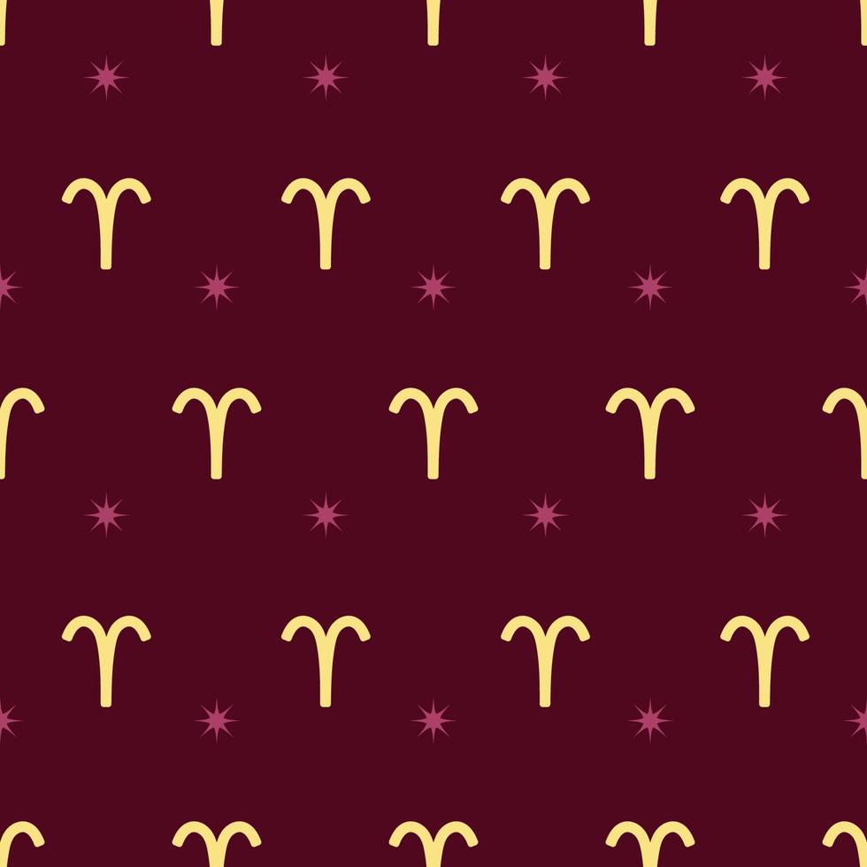 Zodiac seamless gold pattern. Repeating aries sign with stars on the dark red background. Vector horoscope symbol