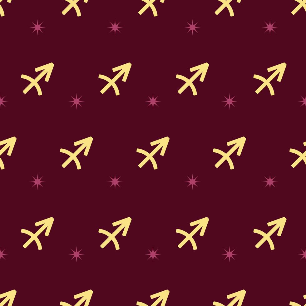 Zodiac seamless gold pattern. Repeating sagittarius sign with stars on the dark red background. Vector horoscope symbol
