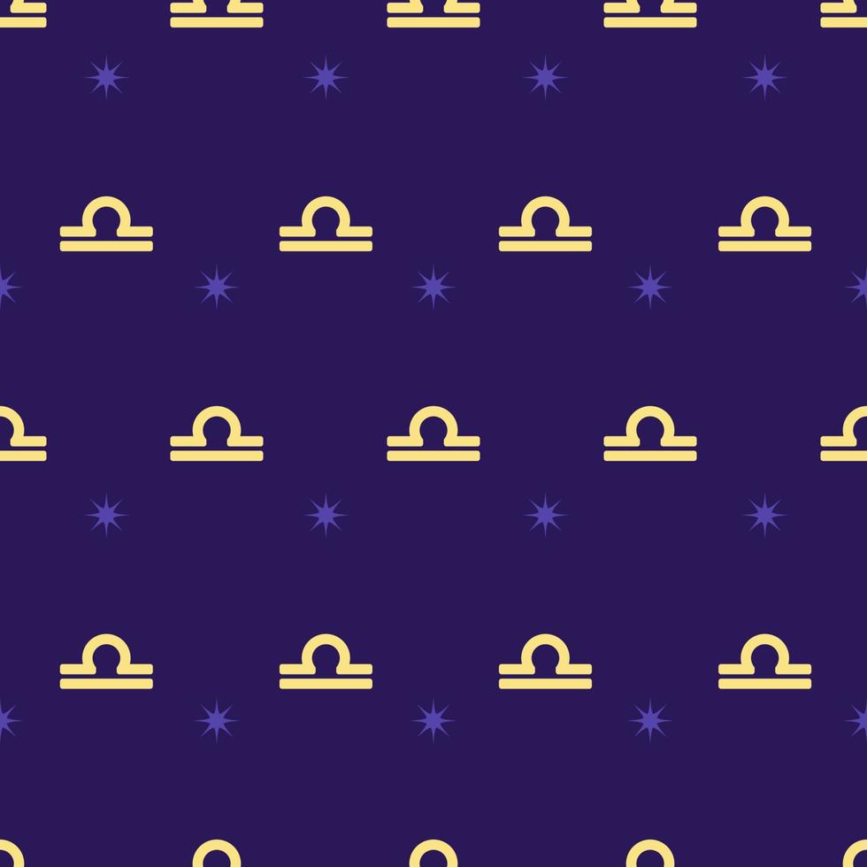 Zodiac seamless gold pattern. Repeating libra sign with stars on the purple background. Vector horoscope symbol