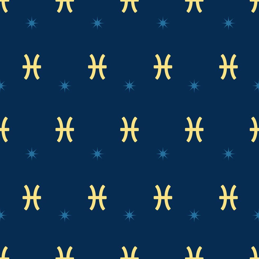 Zodiac seamless gold pattern. Repeating pisces sign with stars on the blue background. Vector horoscope symbol