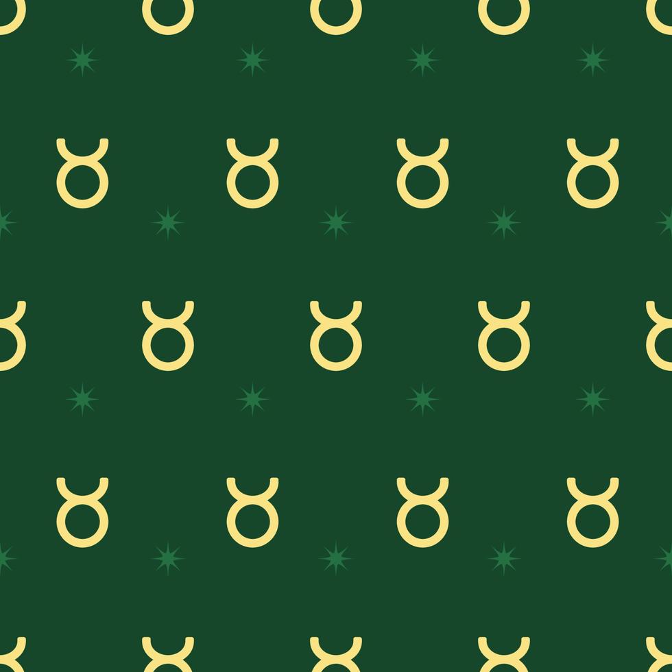 Zodiac seamless gold pattern. Repeating taurus sign with stars on the green background. Vector horoscope symbol