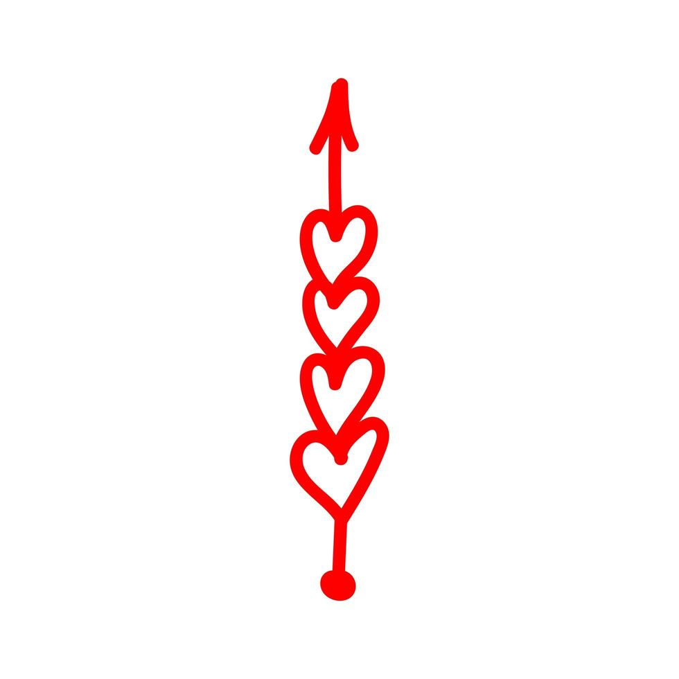 Linear doodle red arrow with heart. Love pointer, trajectory, like. Vector design element for social media, valentines day and romantic designs.