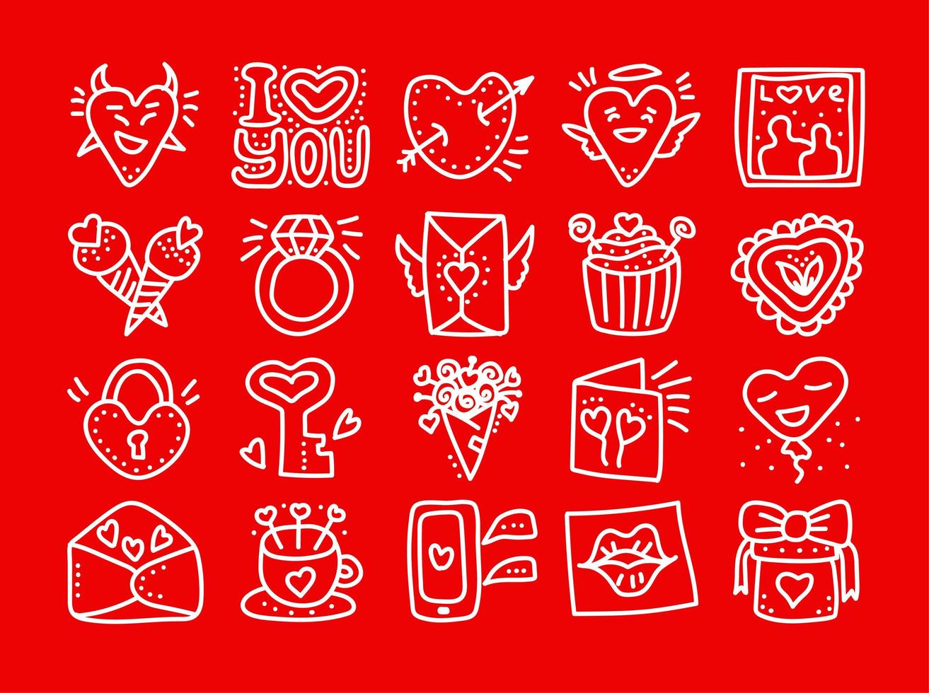 Set of hand drawn Valentines day Doodle vector icons. Valentine day Love Hearts, mug, flowers, cupcakes, drinks, letters, balloons, lock, messages icons