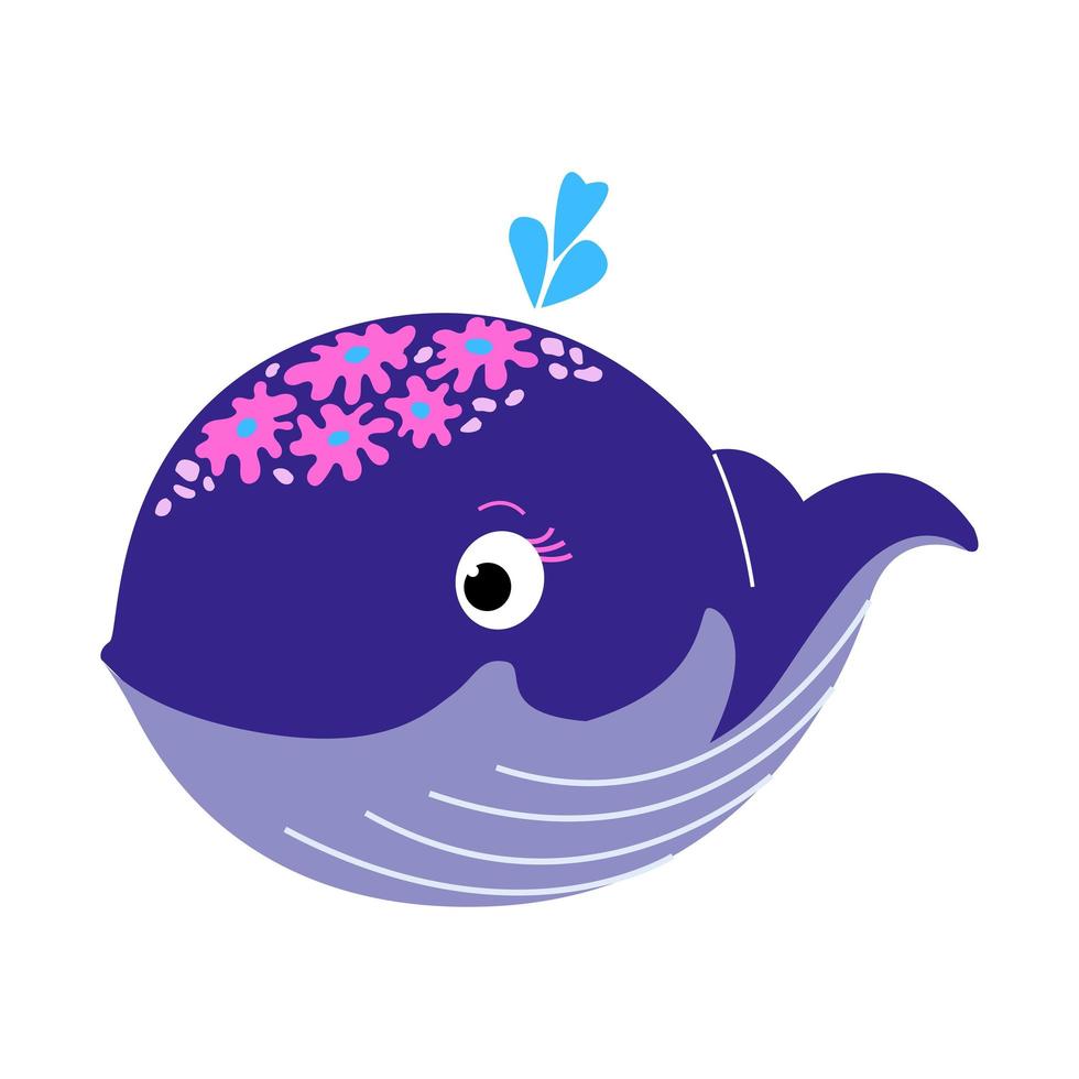 lindo personaje ballena morada que sopla una fuente. protección de los mamíferos marinos para el día mundial de las ballenas. ilustración plana vectorial para póster, pancarta, tarjeta, libro para niños vector