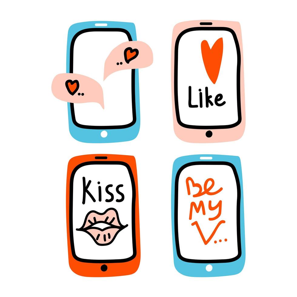 el día de san valentín establece el icono del doodle el amor virtual del teléfono móvil. amor por Internet, como, hablar, chatear, decoración, corazón, beso, san valentín, labios, globos de diálogo. dibujado a mano, arte de línea, plano y vector de letras