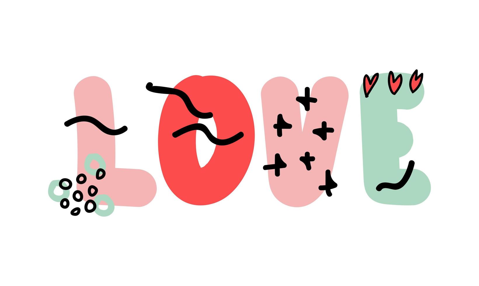 Love handwritten lettering, puffy letters love and abstract shapes and lines. Graphics for valentines day, cards, posters, social networks. Vector flat illustration in a modern, fashionable style