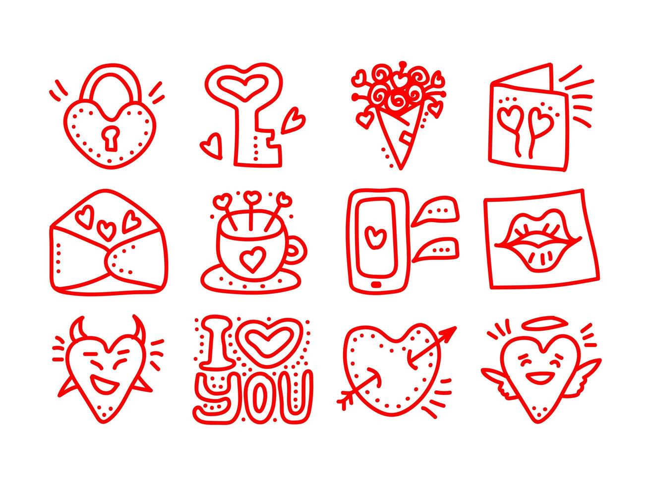 conjunto de iconos de vector de doodle de día de San Valentín dibujados a mano. día de san valentín corazones de amor, taza, flores, teléfono móvil, labios, letras, ángel, candado, demonio, íconos de mensajes