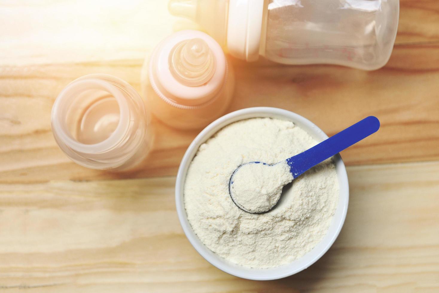 Milk powder in spoon with can and baby bottle milk bowl on wooden table photo