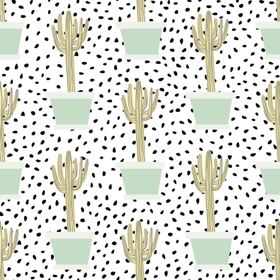 Hand drawn cactus in pot seamless pattern. Doodle exotic wallpaper. Cacti vector backdrop.