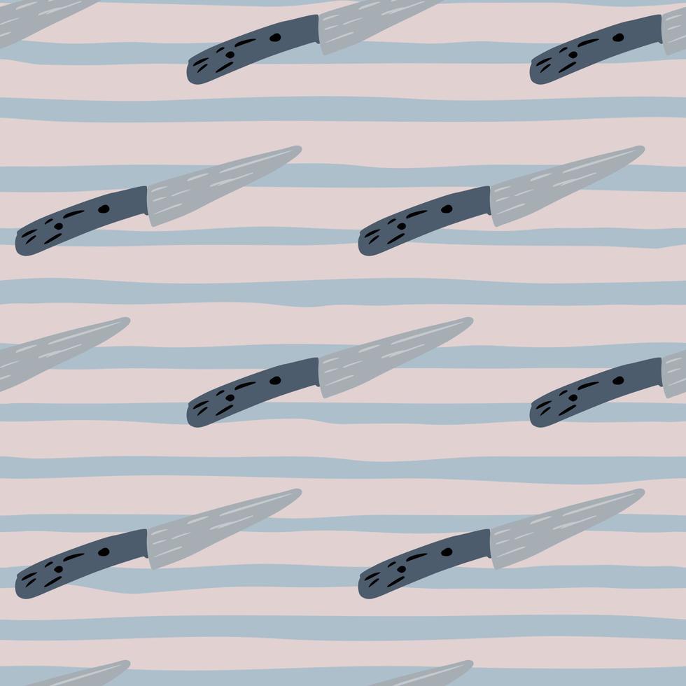 Simple seamless kitchen pattern with knifes. Acute cooking silhouettes on stripped background with blue and pink colored lines. vector