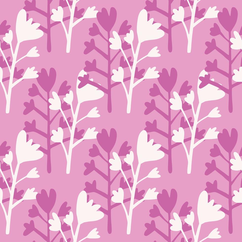 Abstract silhouette flowers seamless pattern. Botanic elements in lilac and white colors. Simple floral design. vector