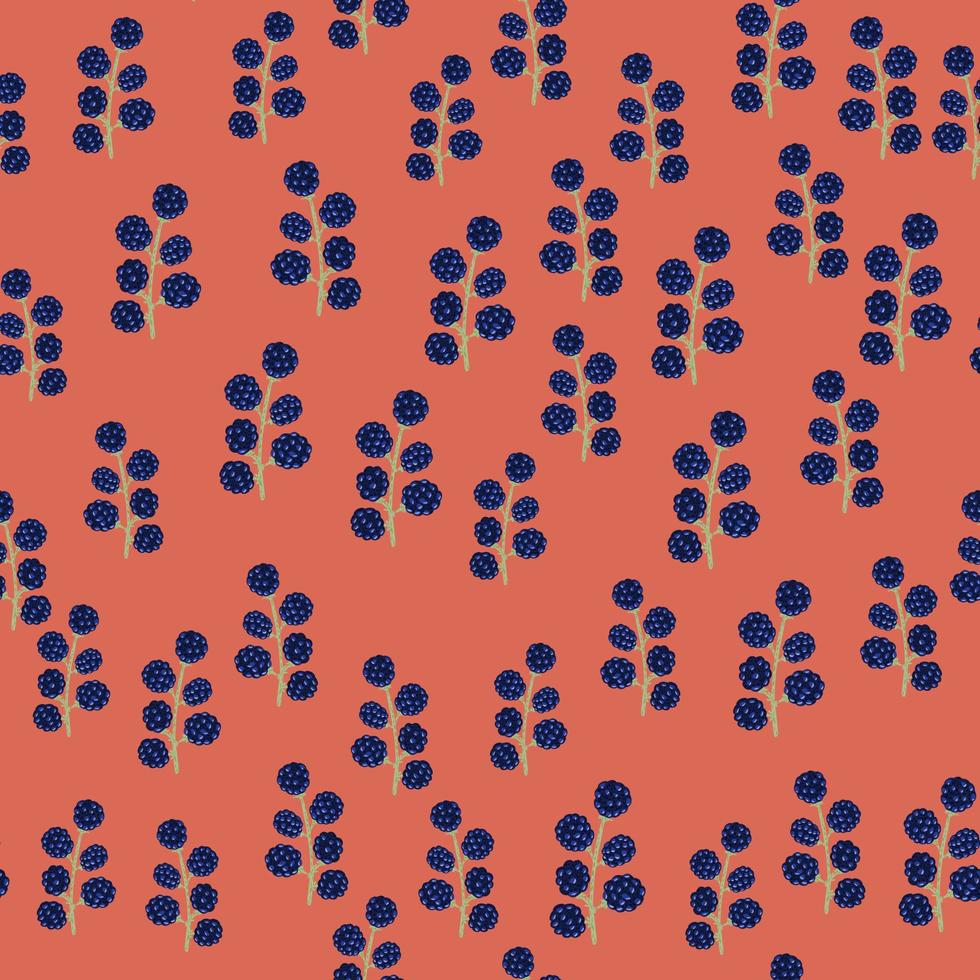 Abstract food seamless pattern with navy blue colored blackberry elements. Orange background. vector