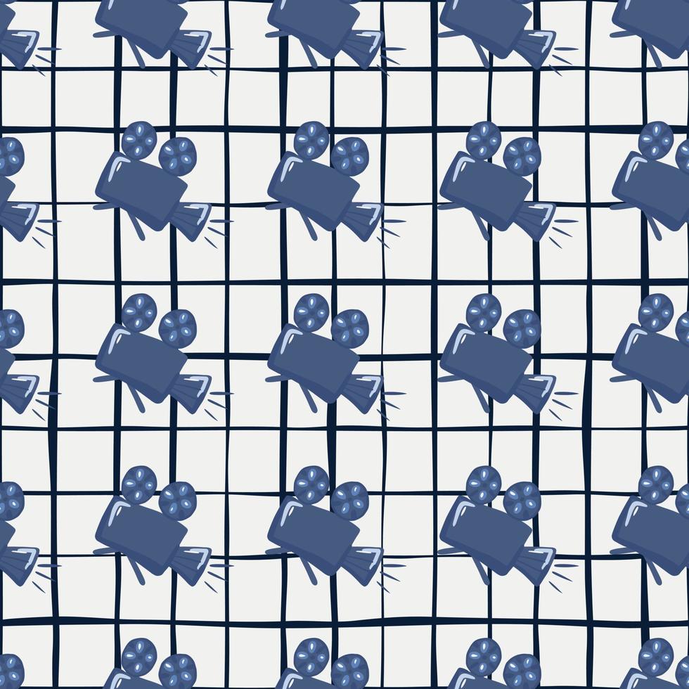 Seamless pattern with navy blue camera silhouettes. White background with black check. vector