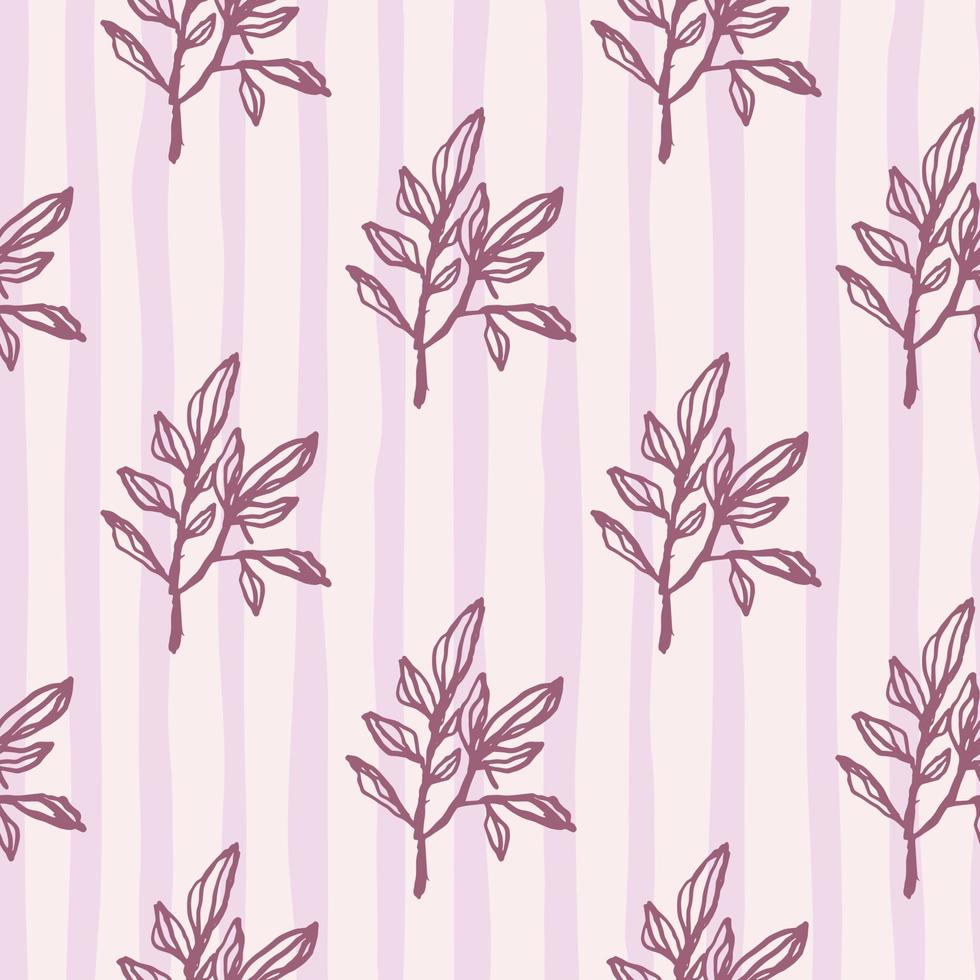 Seamless pattern with doodle branch silhouettes. Lilac outline ornament on light stripped background. vector