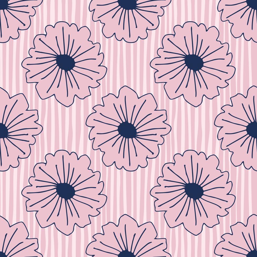 Geometric botanical seamless pattern with outline daisy flowers on stripe background. Pastel colors. vector