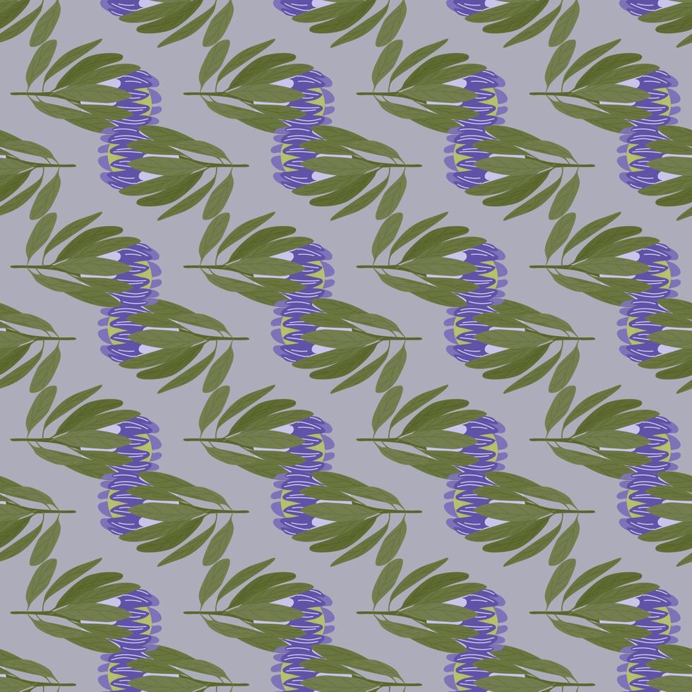 Purple protea flower decorative seamless pattern in doodle style. Grey background. Green foliage ornament. vector