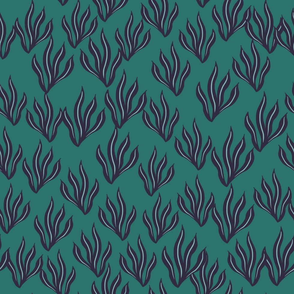 patrón aleatorio sin costuras con adorno de doodle de algas marinas de contorno putple. fondo turquesa. vector