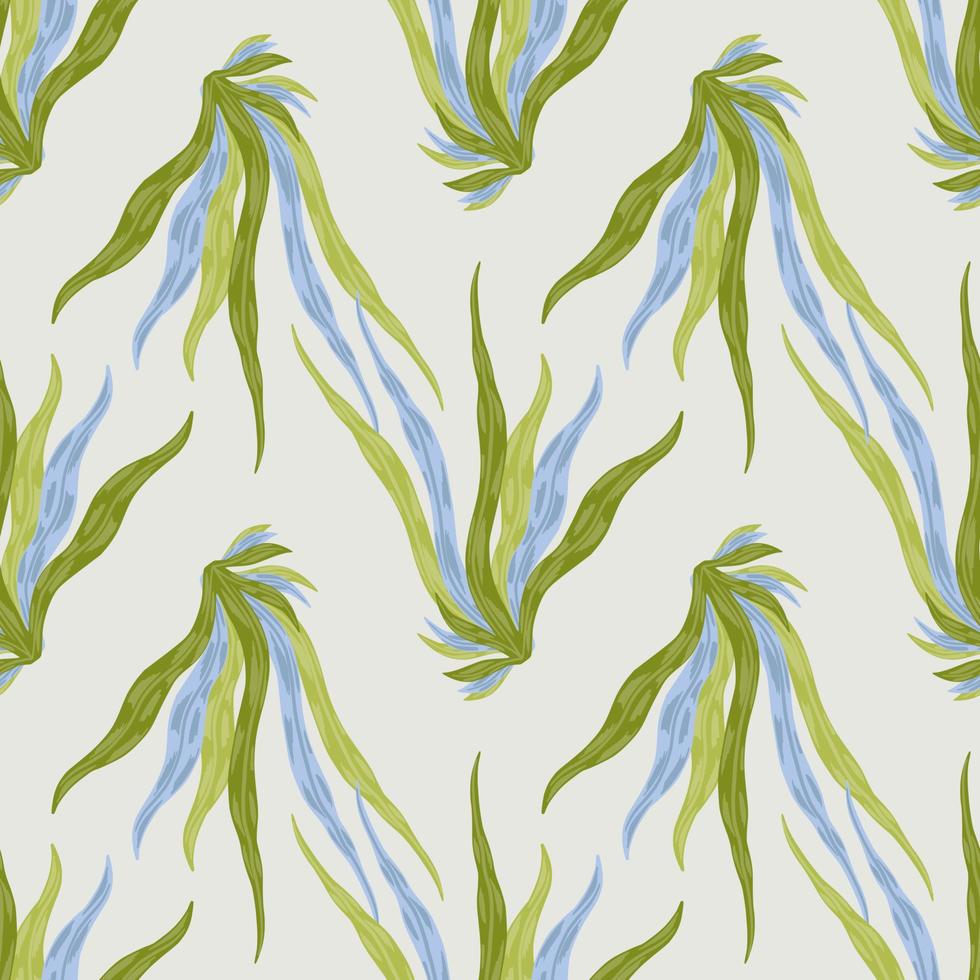 Blue and green colored seaweeds ornament seamless aqua pattern. Simple hand drawn marine artwork with grey background. vector