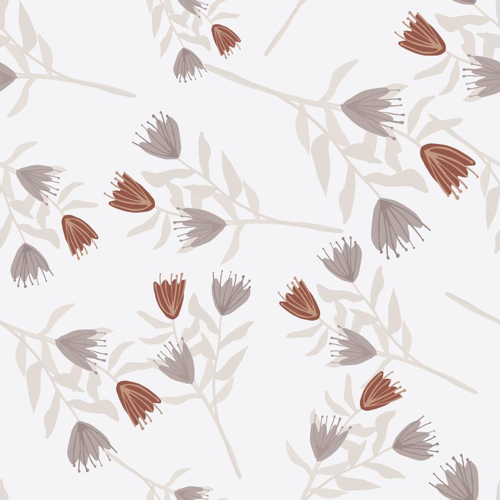 Random seamless pattern with flowers. Pastel grey and maroon tulips on light background. Stylized floral backdrop. vector