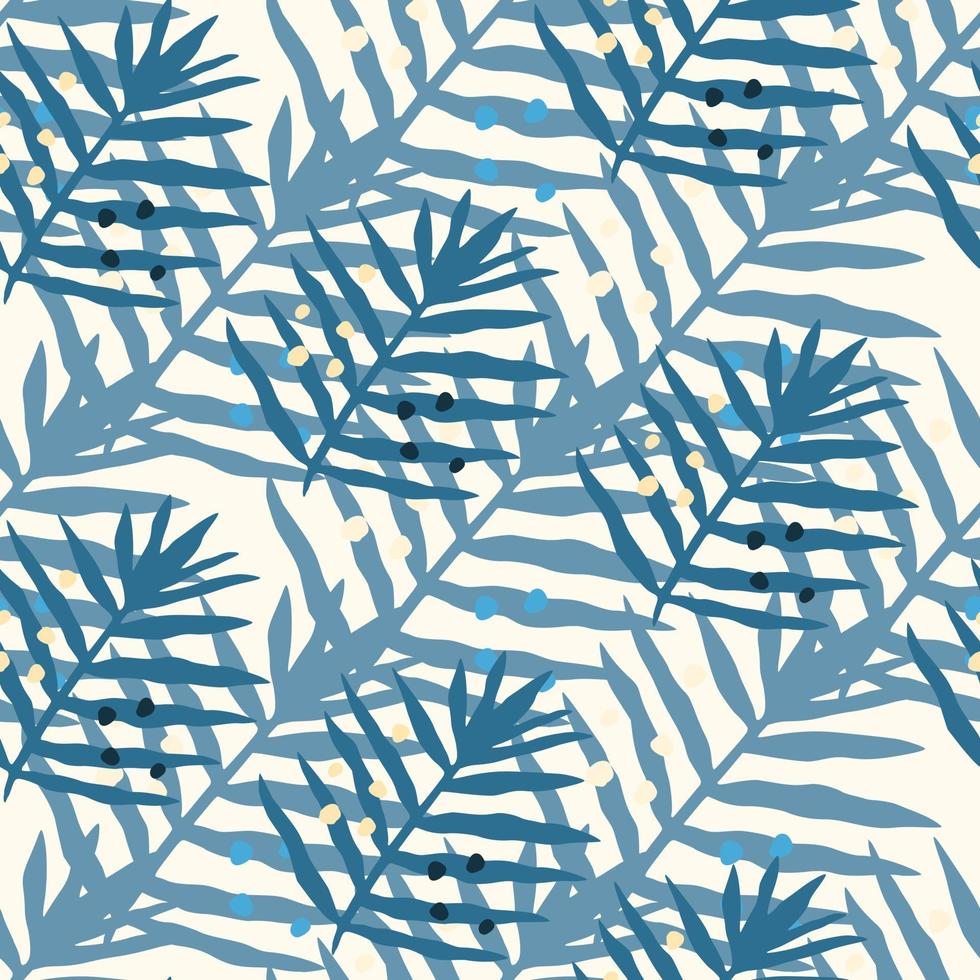 Blue tropical fern leaves pattern. Palm leaf seamless. Exotic leaves endless backfrop. Jungle foliage wallpaper vector