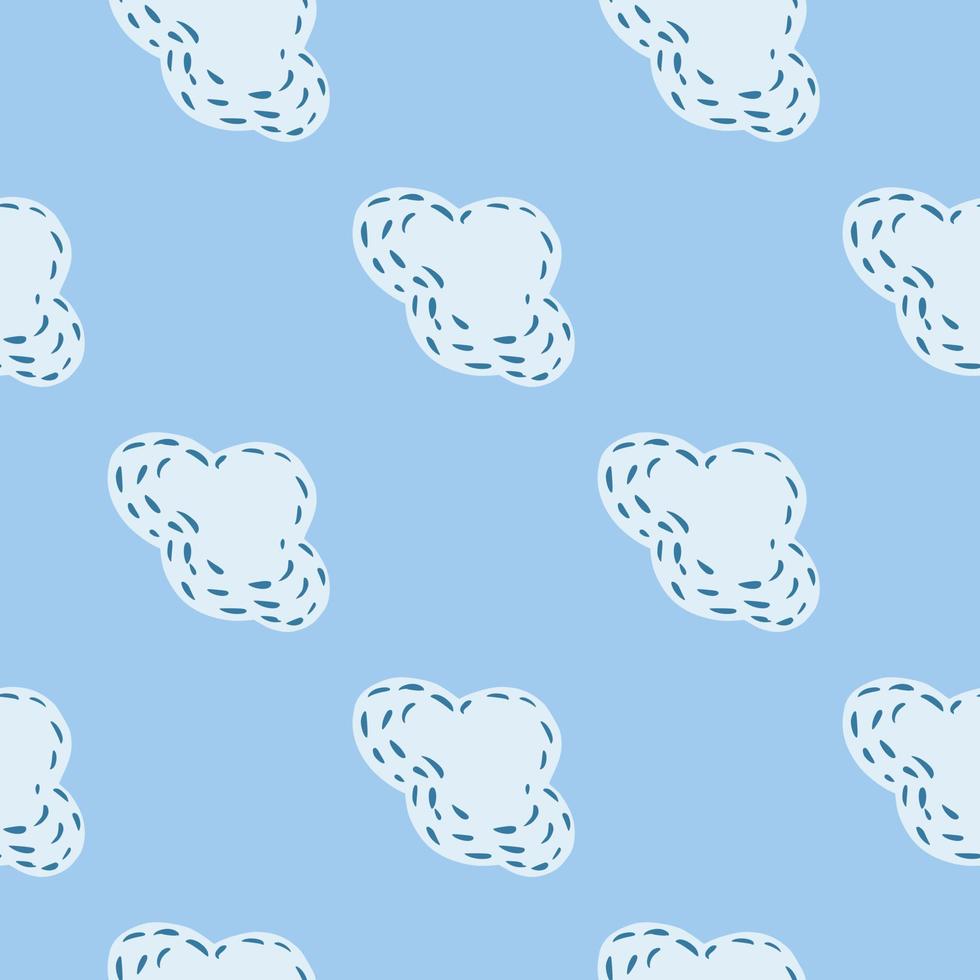 Minimalistic white clouds ornament seamless pattern. Pastel soft blue background. Simple sky backdrop. vector
