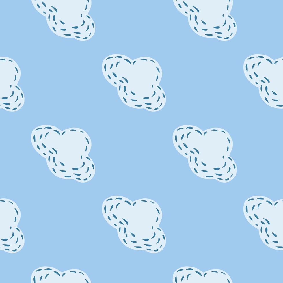 Minimalistic white clouds ornament seamless pattern. Pastel soft blue background. Simple sky backdrop. vector