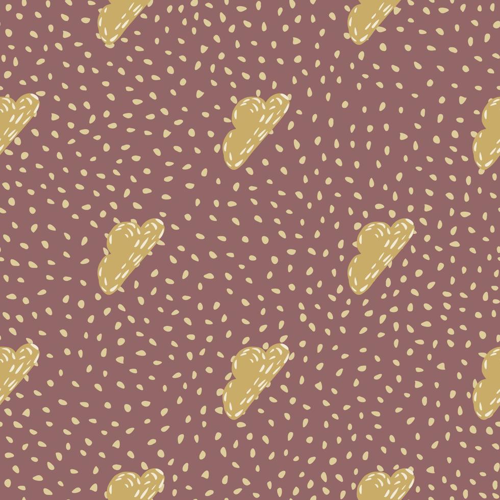 Sky seamless doodle pattern with clouds ornament in autumn colors palette. Ocher shapes on maroon dotted background. vector